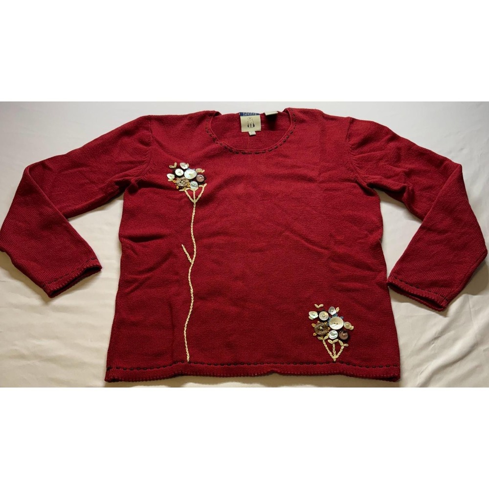 Cousin Johnny Sweater Women Large Red Button Floral Embroidered Long Sleeve Knit